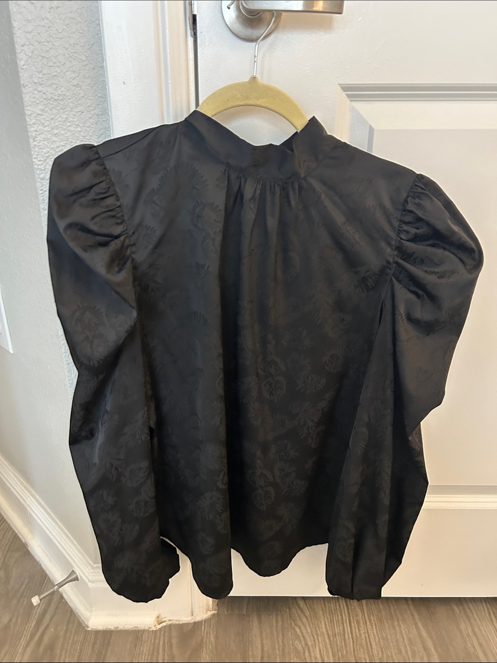 fab'rik Black Jacquard Puff-Sleeve Blouse with High Neck